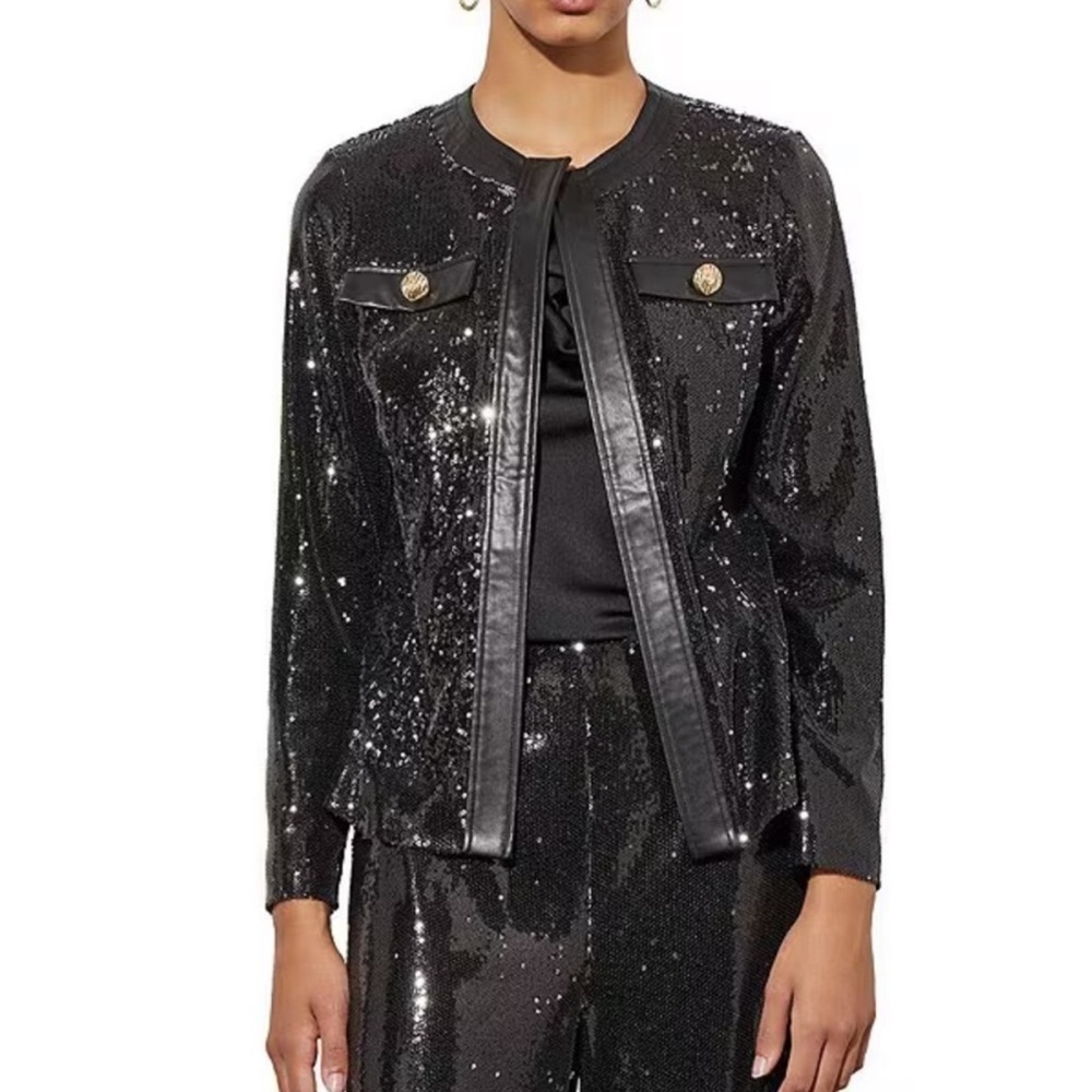 MING WANG Open Front Sequin Vegan Leather Jacket Black Size M NEW